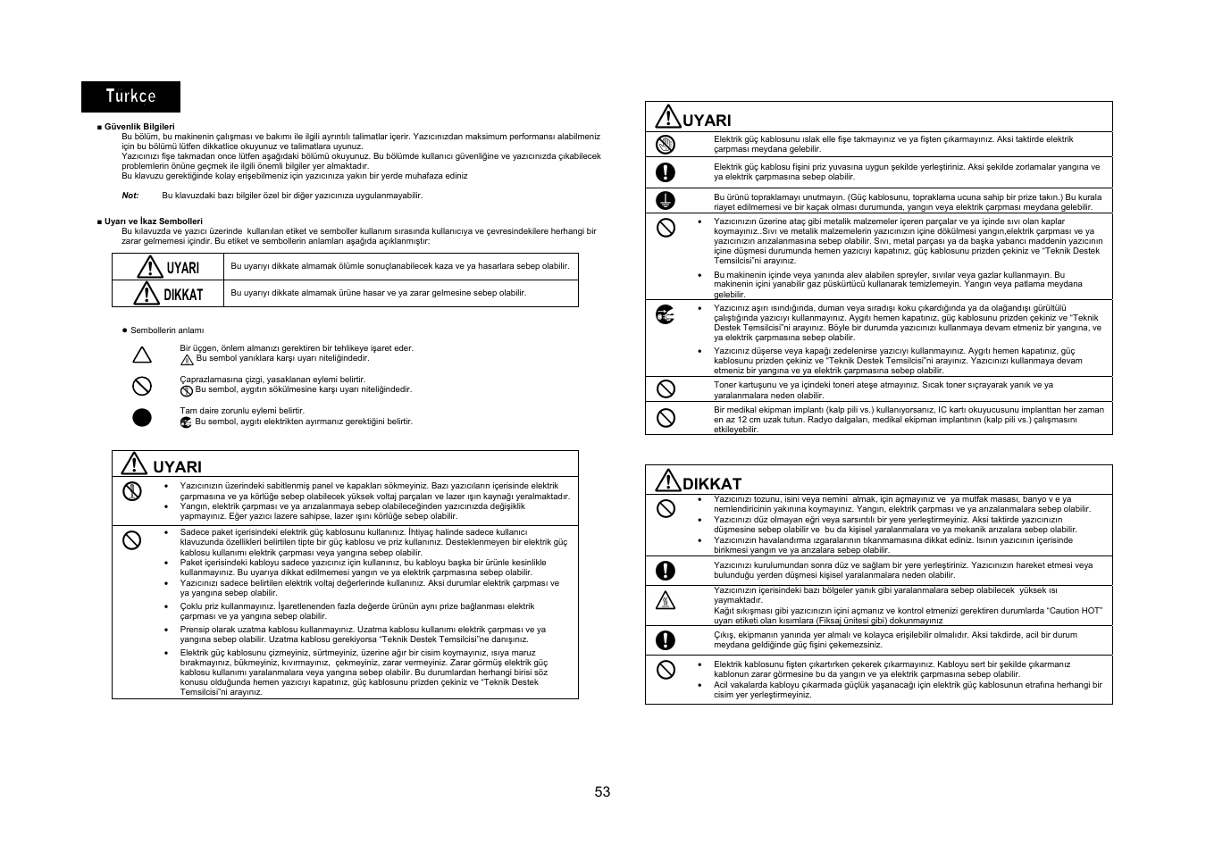 Uyari, Dikkat | Konica Minolta bizhub 4050 User Manual | Page 54 / 67