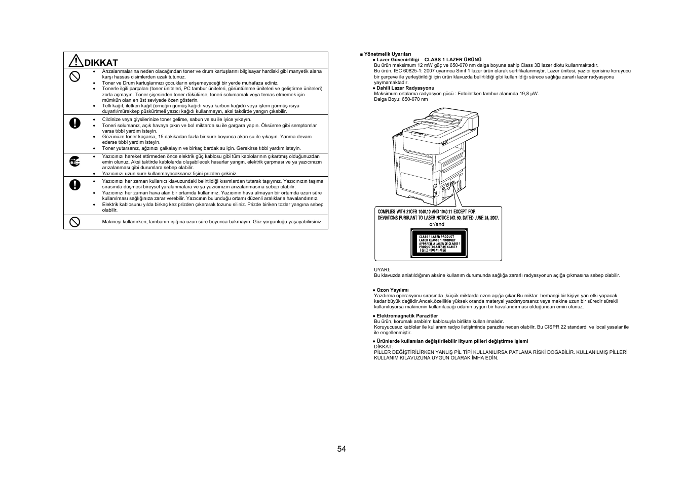 Dikkat | Konica Minolta bizhub 4050 User Manual | Page 55 / 67