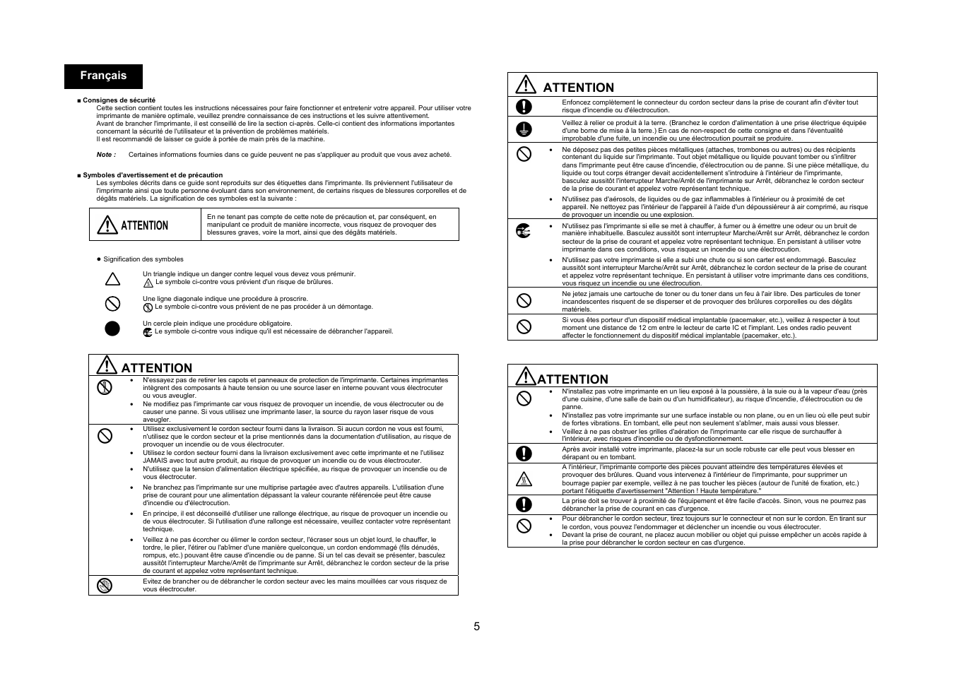 Attention, 5 français | Konica Minolta bizhub 4050 User Manual | Page 6 / 67