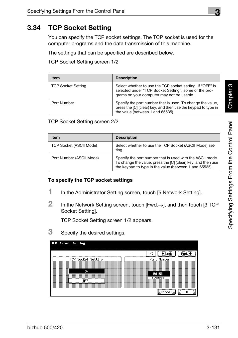 34 tcp socket setting, Tcp socket setting -131, To specify the tcp socket settings -131 | Konica Minolta bizhub 500 User Manual | Page 256 / 412
