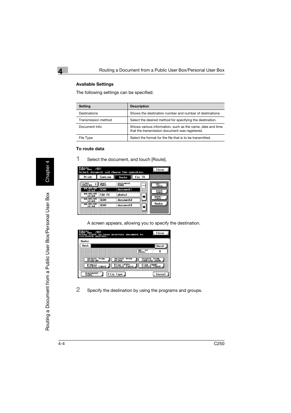 Available settings, To route data, Available settings -4 to route data -4 | Konica Minolta bizhub C250 User Manual | Page 85 / 194