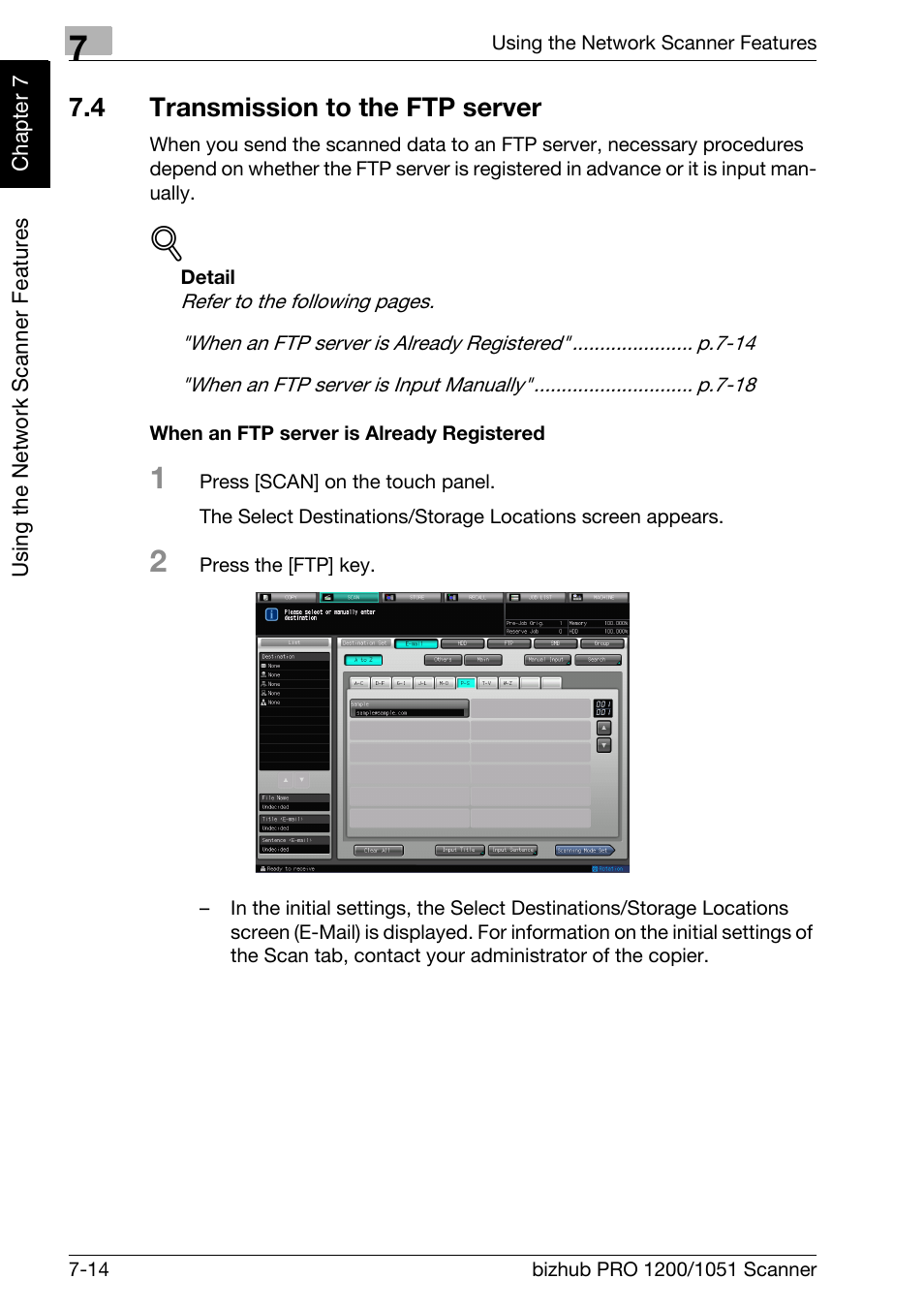 4 transmission to the ftp server, Transmission to the ftp server -14, Transmission to the ftp server | P.7-14 | Konica Minolta bizhub PRO 1200 User Manual | Page 125 / 170