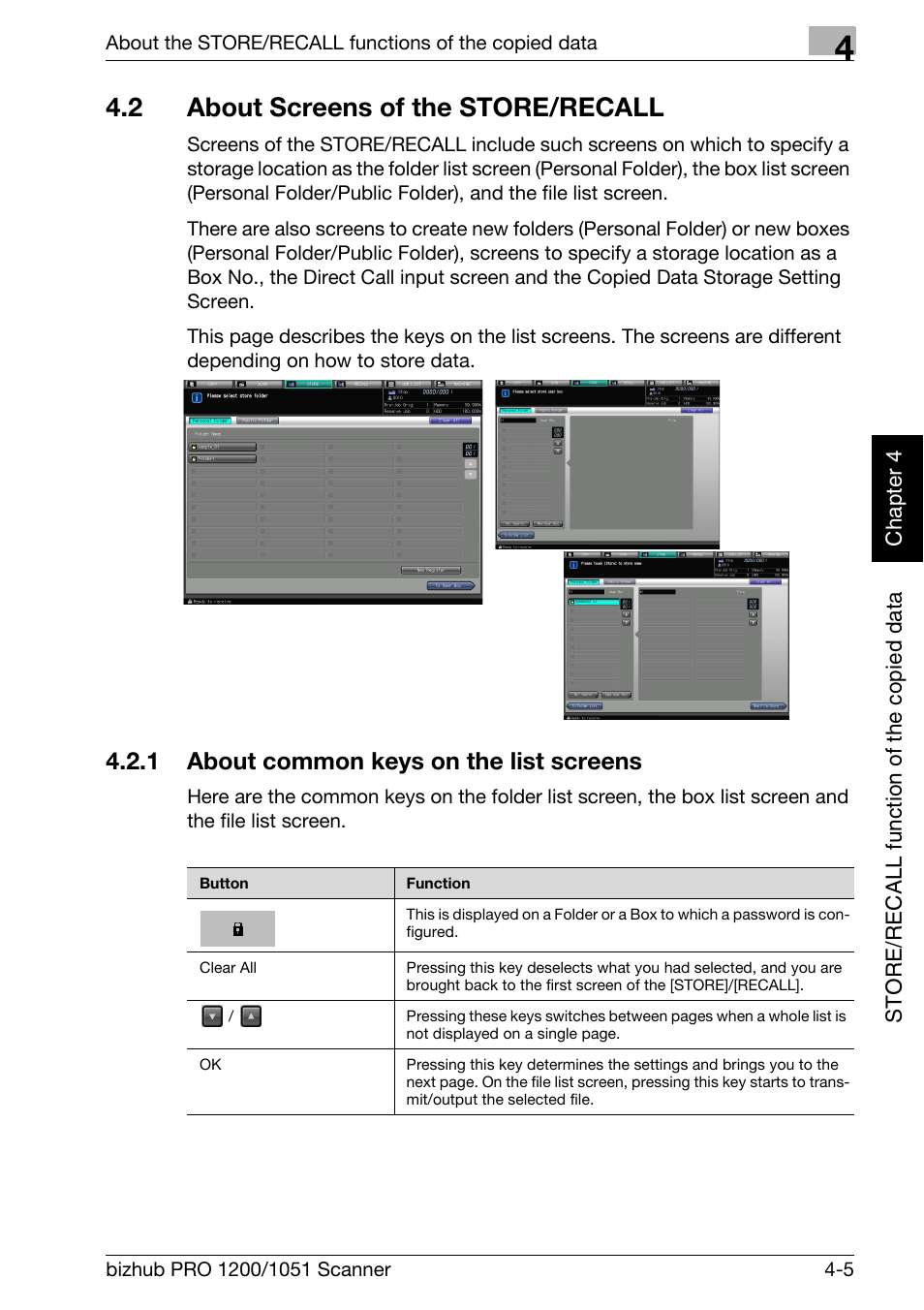 2 about screens of the store/recall, 1 about common keys on the list screens, About screens of the store/recall -5 | About common keys on the list screens -5 | Konica Minolta bizhub PRO 1200 User Manual | Page 36 / 170