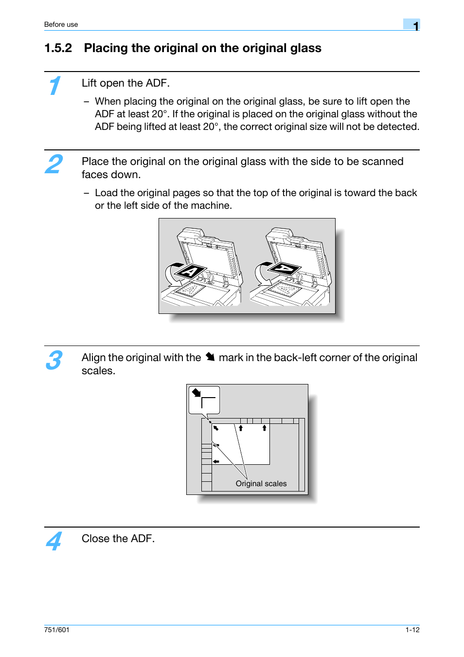 2 placing the original on the original glass, 2 placing the original on the original glass -12 | Konica Minolta bizhub 601 User Manual | Page 18 / 101