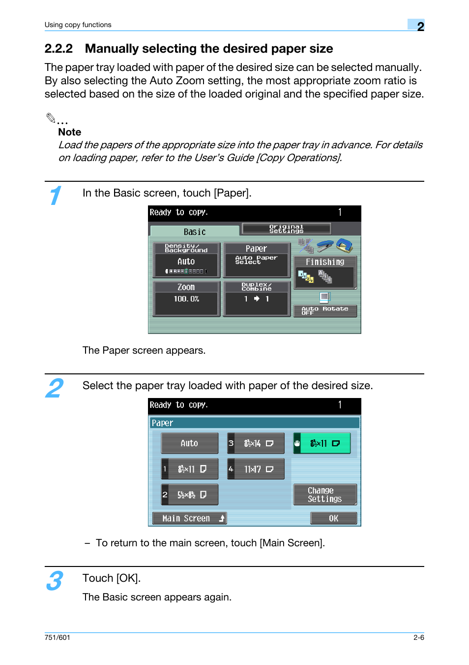 2 manually selecting the desired paper size, 2 manually selecting the desired paper size -6 | Konica Minolta bizhub 601 User Manual | Page 33 / 101