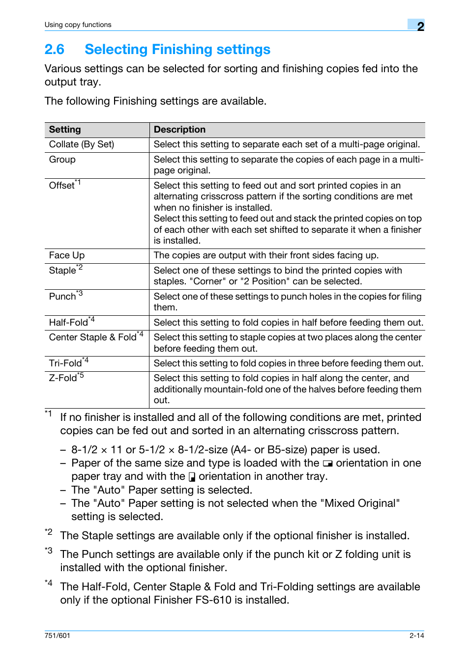6 selecting finishing settings, 6 selecting finishing settings -14, Nishing settings, refer to | Konica Minolta bizhub 601 User Manual | Page 41 / 101