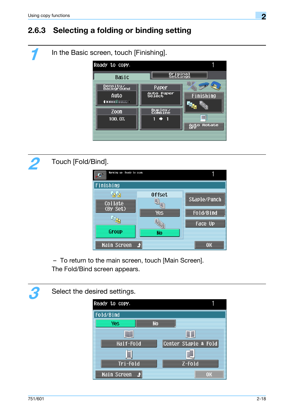 3 selecting a folding or binding setting, 3 selecting a folding or binding setting -18 | Konica Minolta bizhub 601 User Manual | Page 45 / 101
