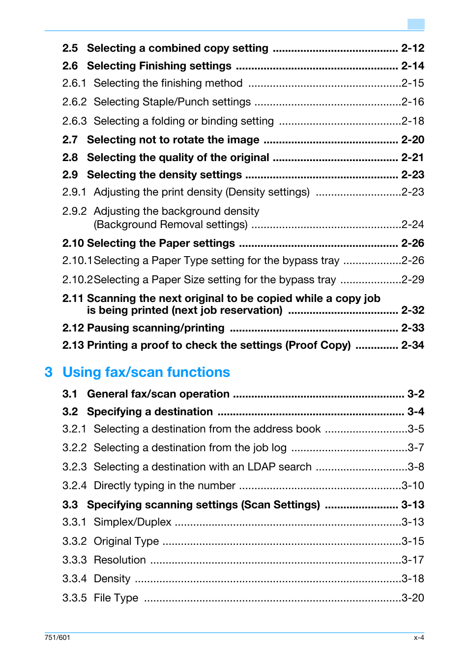 3 using fax/scan functions | Konica Minolta bizhub 601 User Manual | Page 5 / 101