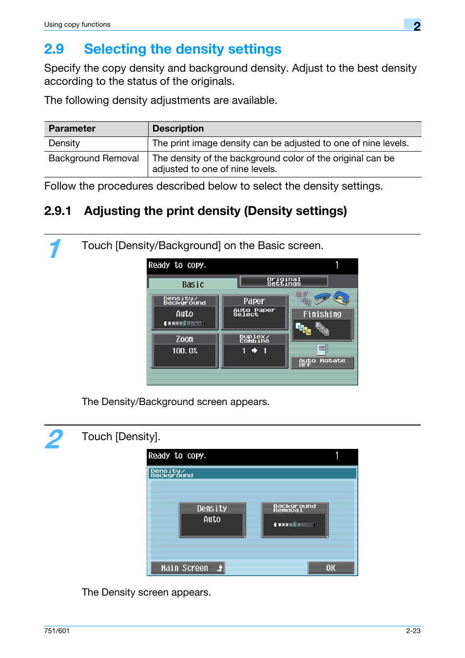 9 selecting the density settings, 1 adjusting the print density (density settings), 9 selecting the density settings -23 | Konica Minolta bizhub 601 User Manual | Page 50 / 101