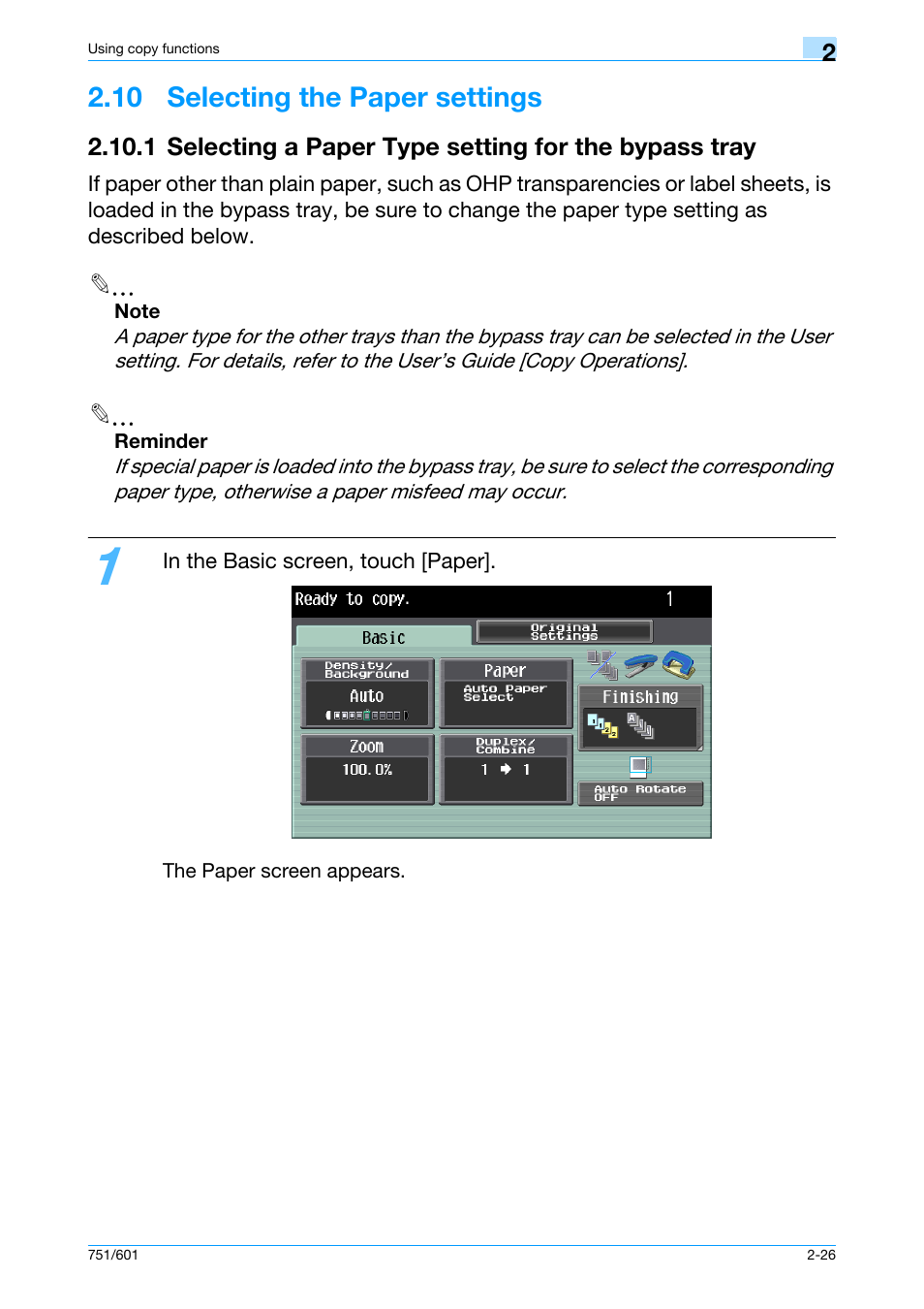 10 selecting the paper settings, 10 selecting the paper settings -26 | Konica Minolta bizhub 601 User Manual | Page 53 / 101