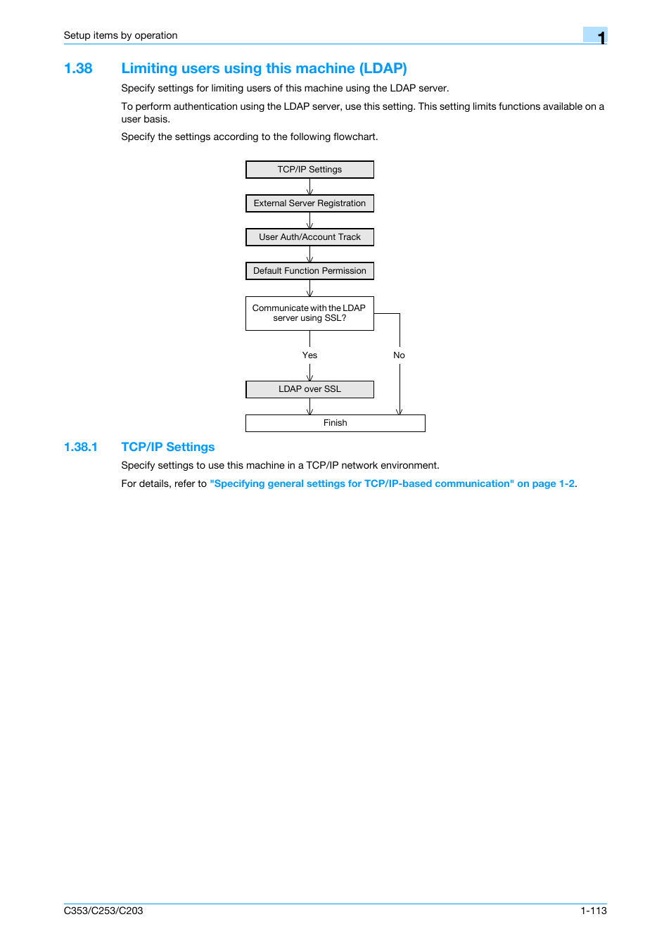 38 limiting users using this machine (ldap), 1 tcp/ip settings, Limiting users using this machine (ldap) -113 | Tcp/ip settings -113 | Konica Minolta bizhub C353 User Manual | Page 126 / 220