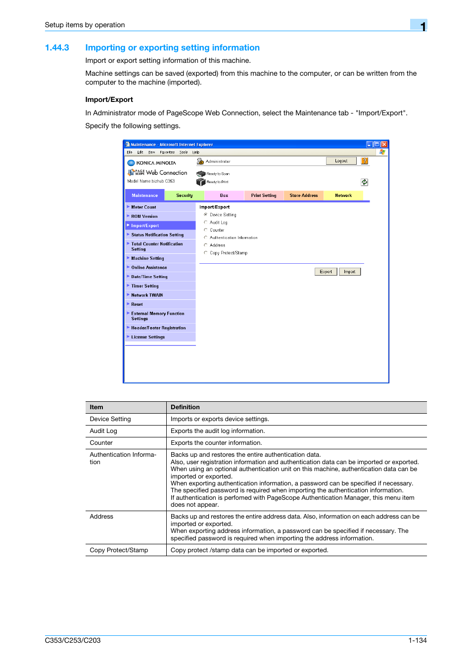 3 importing or exporting setting information, Import/export | Konica Minolta bizhub C353 User Manual | Page 147 / 220