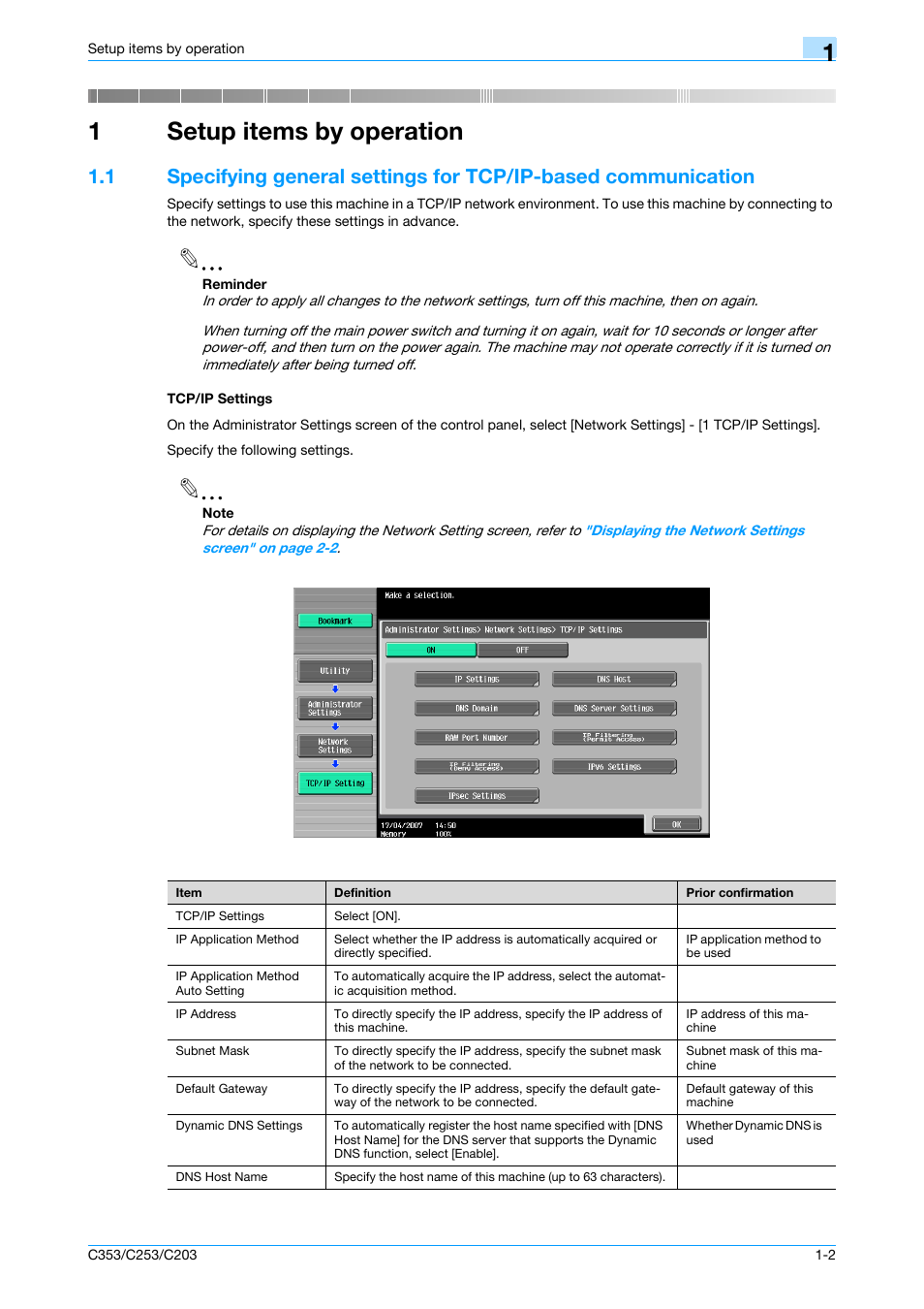 1 setup items by operation, Tcp/ip settings, Setup items by operation | Chapter 1 setup items by operation, 1setup items by operation | Konica Minolta bizhub C353 User Manual | Page 15 / 220