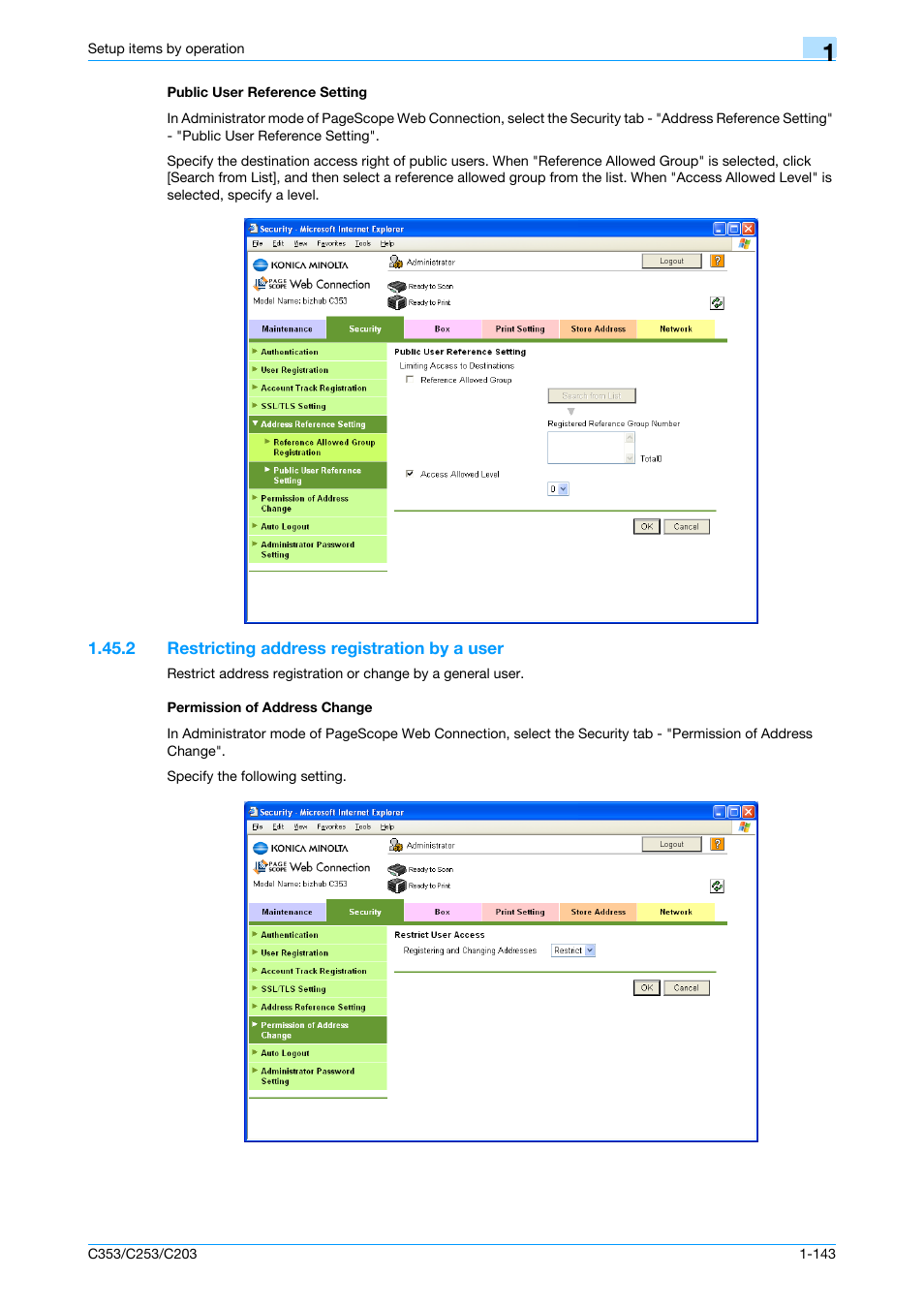 Public user reference setting, 2 restricting address registration by a user, Permission of address change | Public user reference setting -143 | Konica Minolta bizhub C353 User Manual | Page 156 / 220