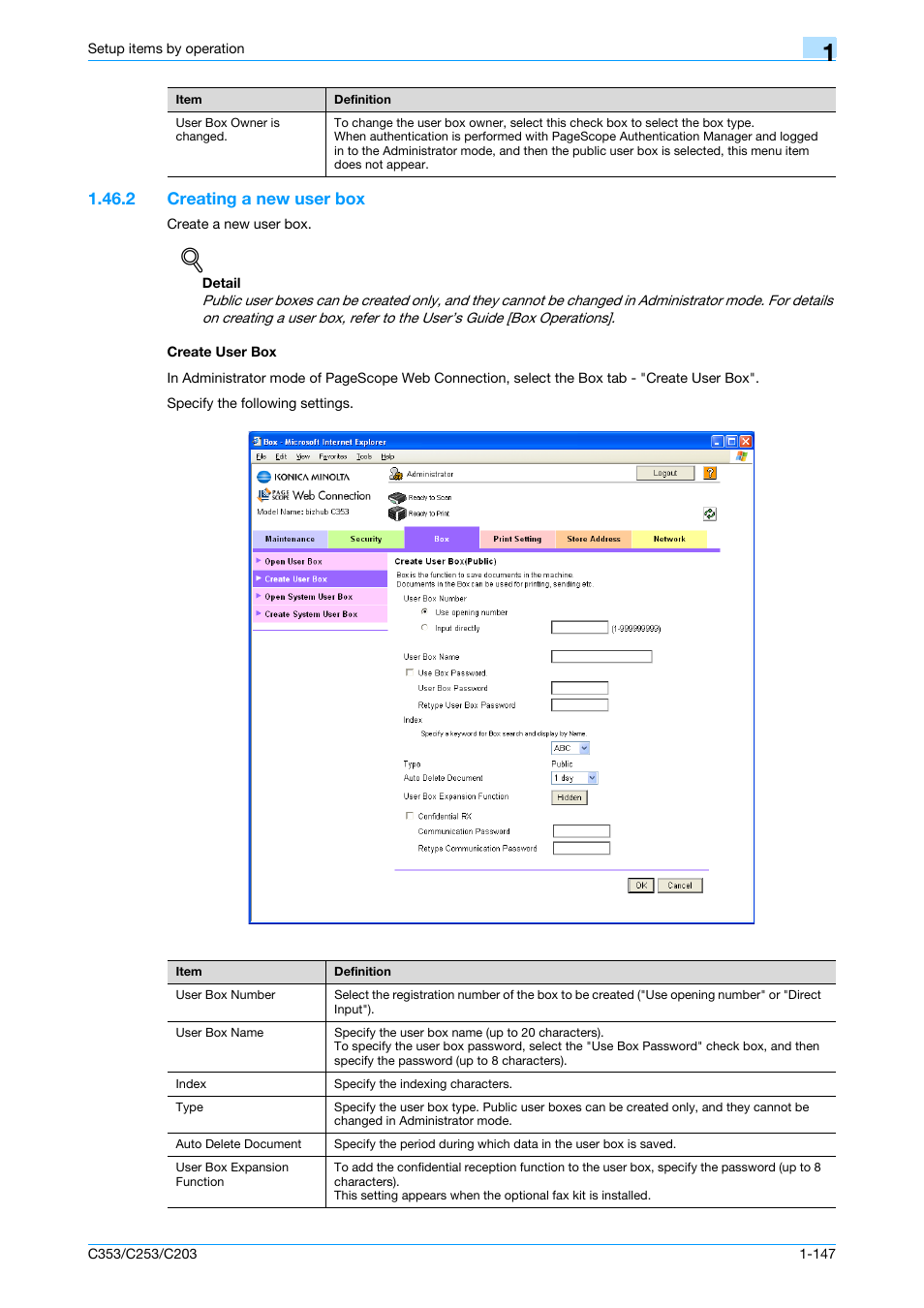 2 creating a new user box, Create user box, Creating a new user box -147 create user box -147 | Konica Minolta bizhub C353 User Manual | Page 160 / 220
