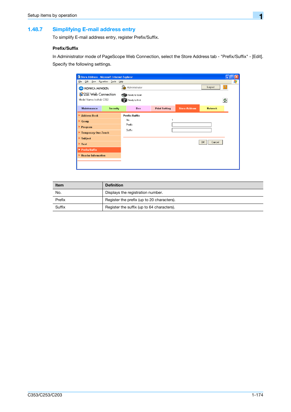 7 simplifying e-mail address entry, Prefix/suffix | Konica Minolta bizhub C353 User Manual | Page 187 / 220