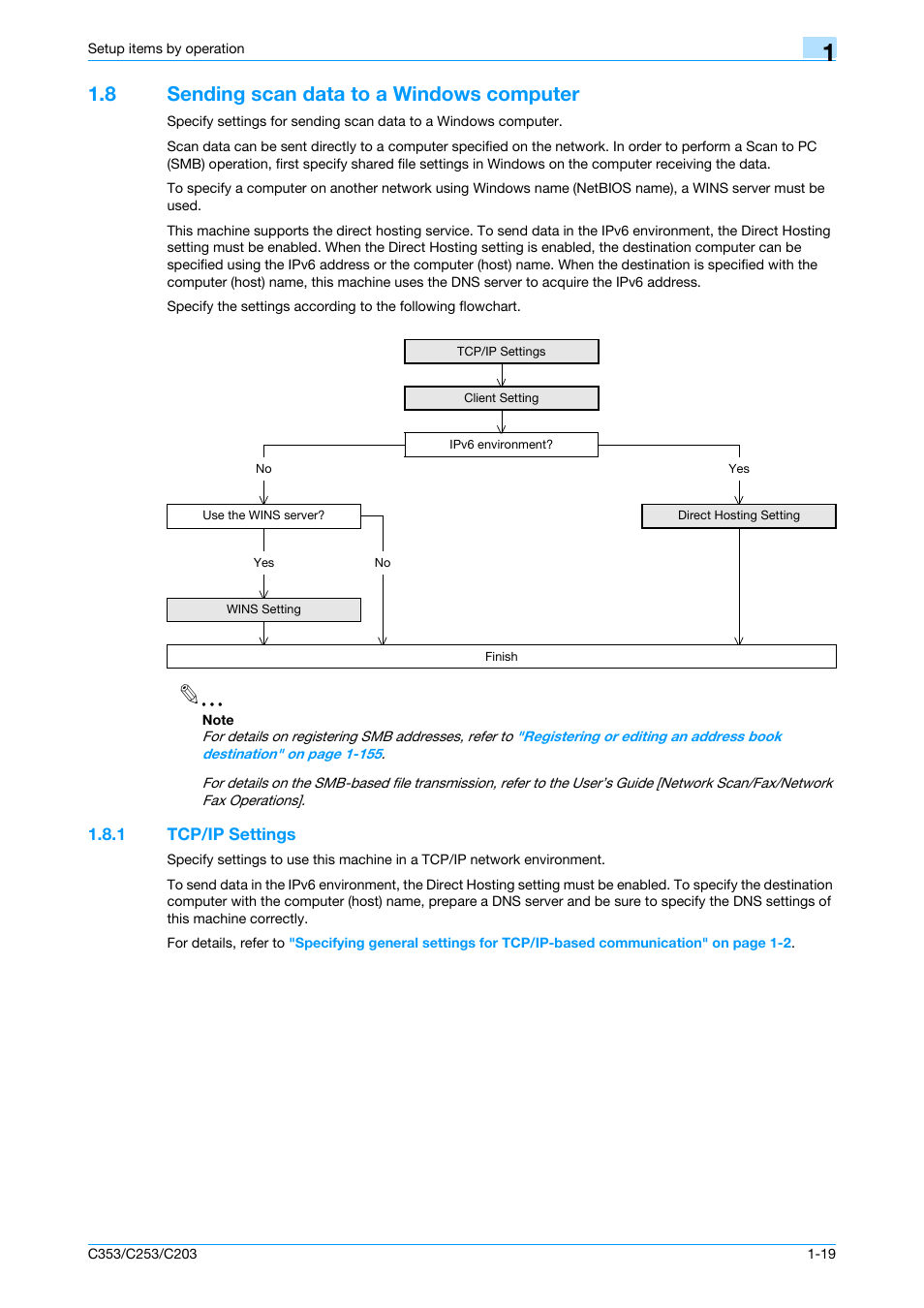 8 sending scan data to a windows computer, 1 tcp/ip settings, Sending scan data to a windows computer -19 | Tcp/ip settings -19 | Konica Minolta bizhub C353 User Manual | Page 32 / 220