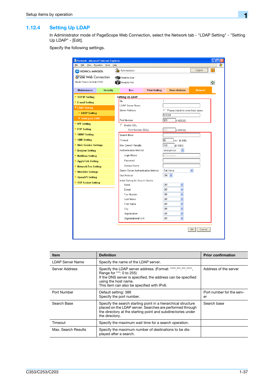 4 setting up ldap, Setting up ldap -37, Setting up ldap | Konica Minolta bizhub C353 User Manual | Page 50 / 220
