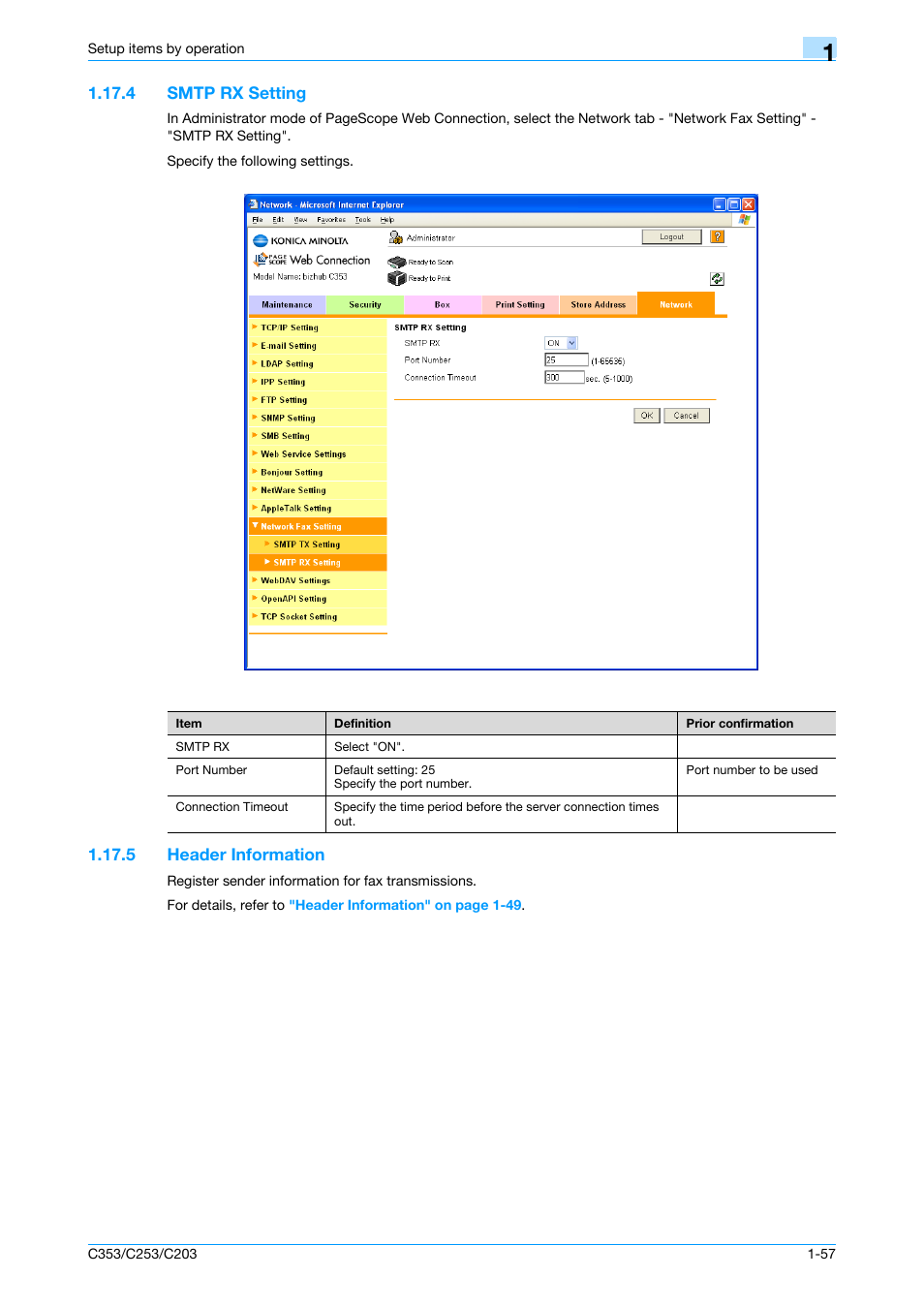 4 smtp rx setting, 5 header information, Smtp rx setting -57 | Header information -57, Smtp rx setting, Header information | Konica Minolta bizhub C353 User Manual | Page 70 / 220
