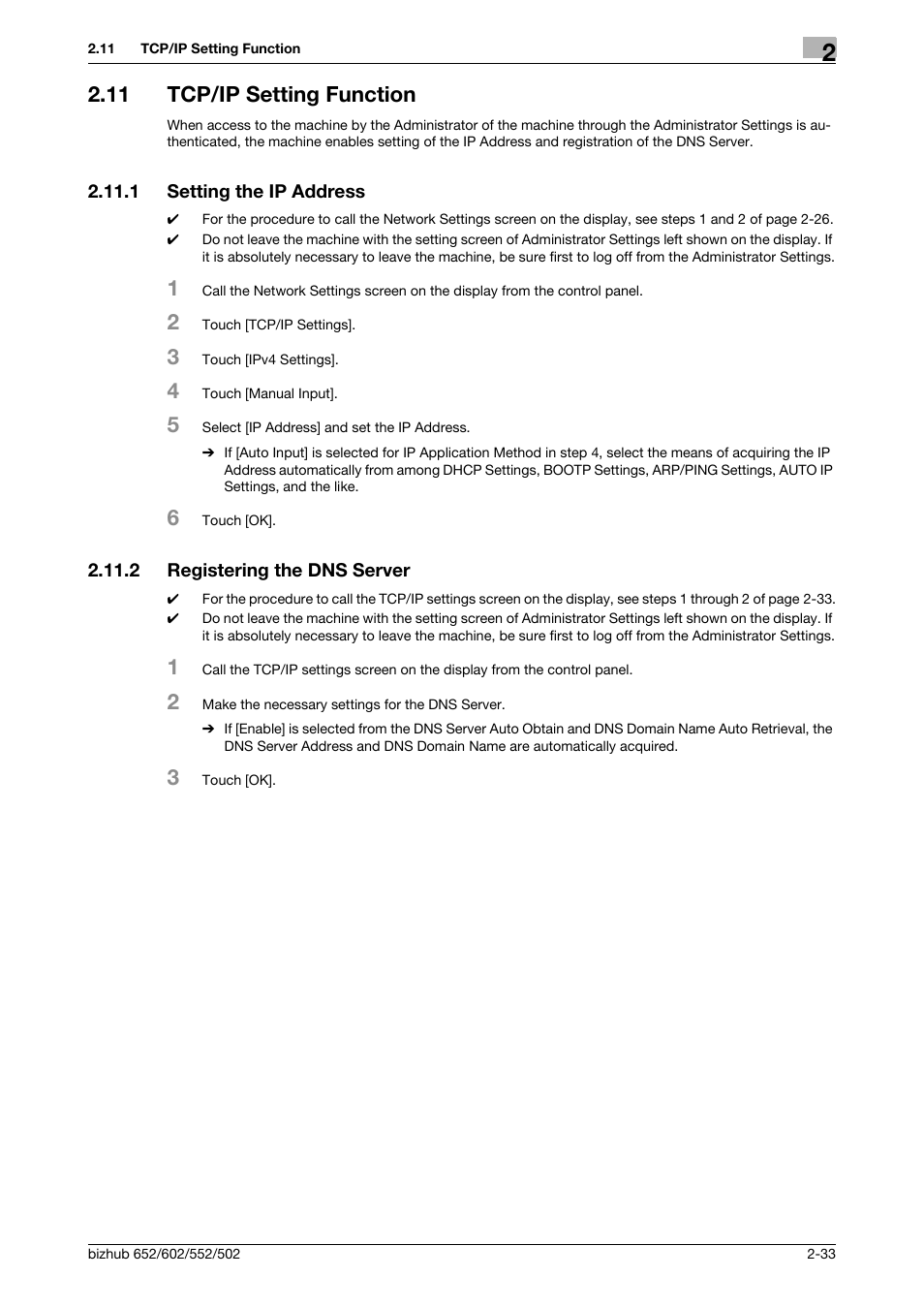 11 tcp/ip setting function, 1 setting the ip address, 2 registering the dns server | Tcp/ip setting function -33, Setting the ip address -33, Registering the dns server -33 | Konica Minolta bizhub 652 User Manual | Page 46 / 56