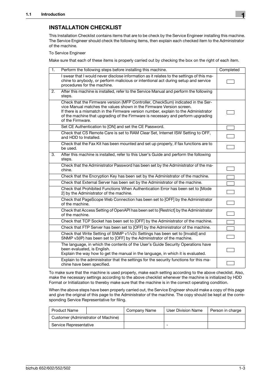 Installation checklist, Installation checklist -3 | Konica Minolta bizhub 652 User Manual | Page 6 / 56