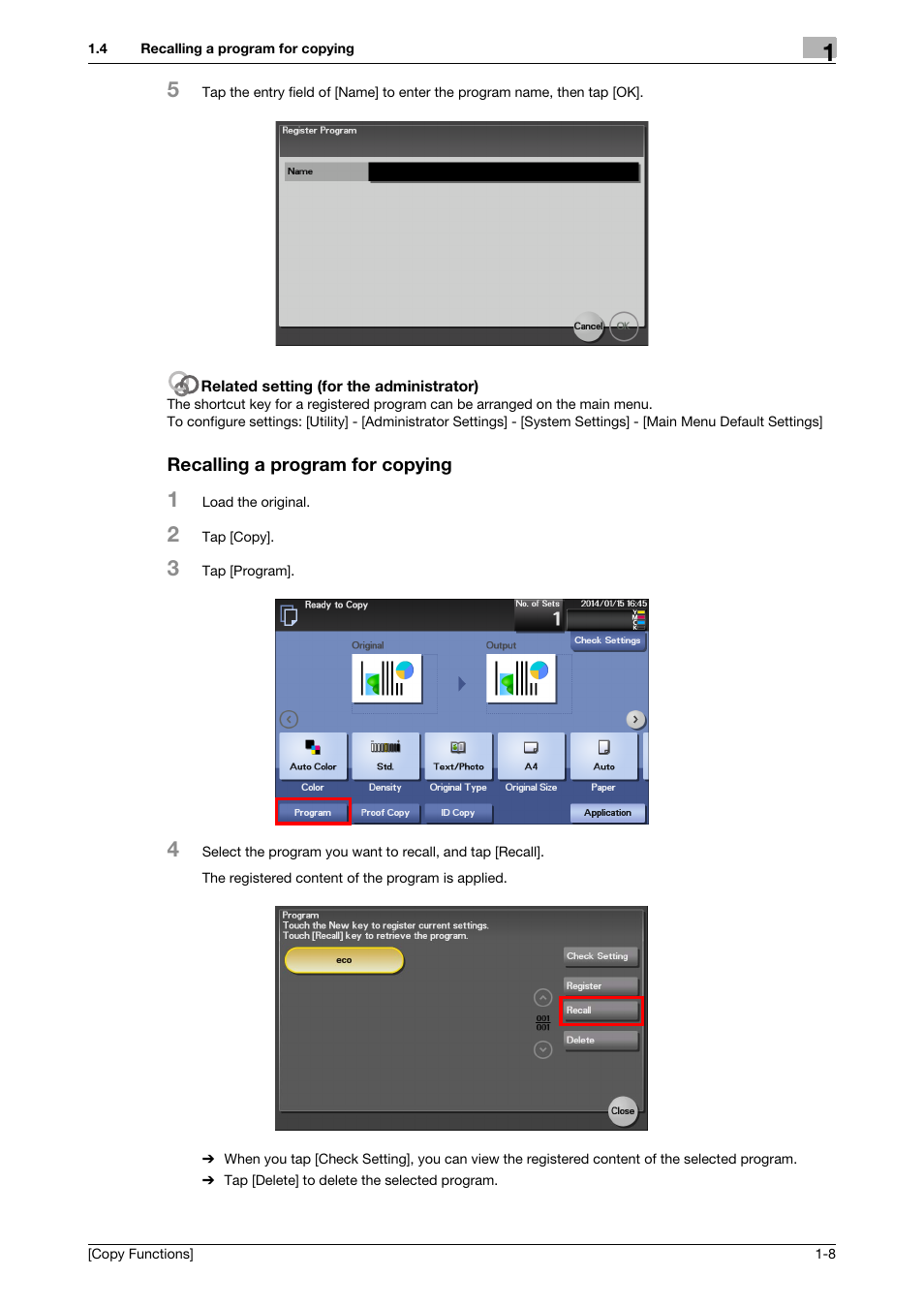 Recalling a program for copying, Recalling a program for copying -8 | Konica Minolta bizhub C3350 User Manual | Page 10 / 30