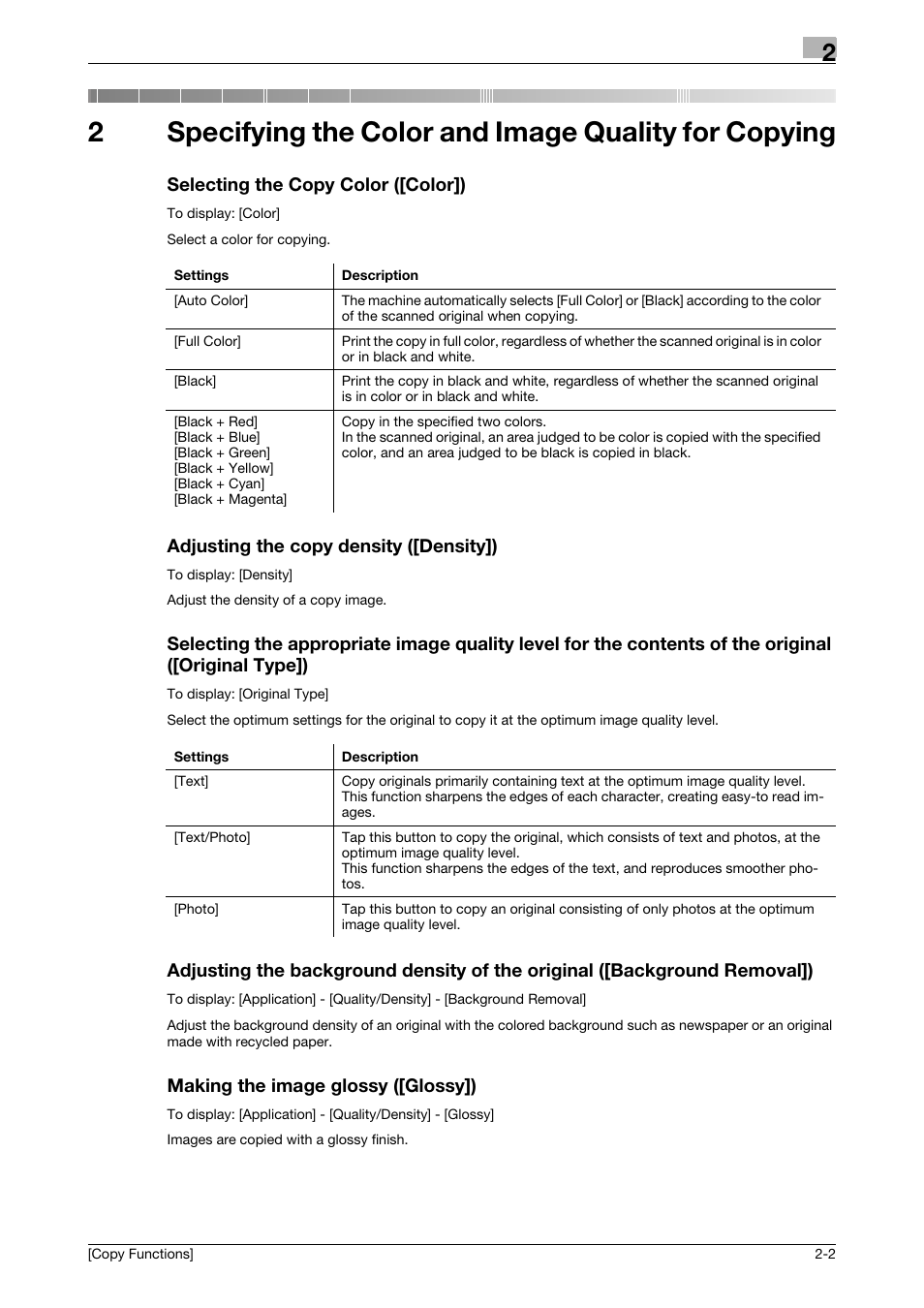 Selecting the copy color ([color]), Adjusting the copy density ([density]), Making the image glossy ([glossy]) | Specifying the color and image quality for copying | Konica Minolta bizhub C3350 User Manual | Page 13 / 30