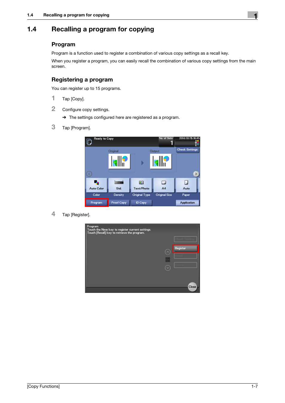 4 recalling a program for copying, Program, Registering a program | Konica Minolta bizhub C3350 User Manual | Page 9 / 30