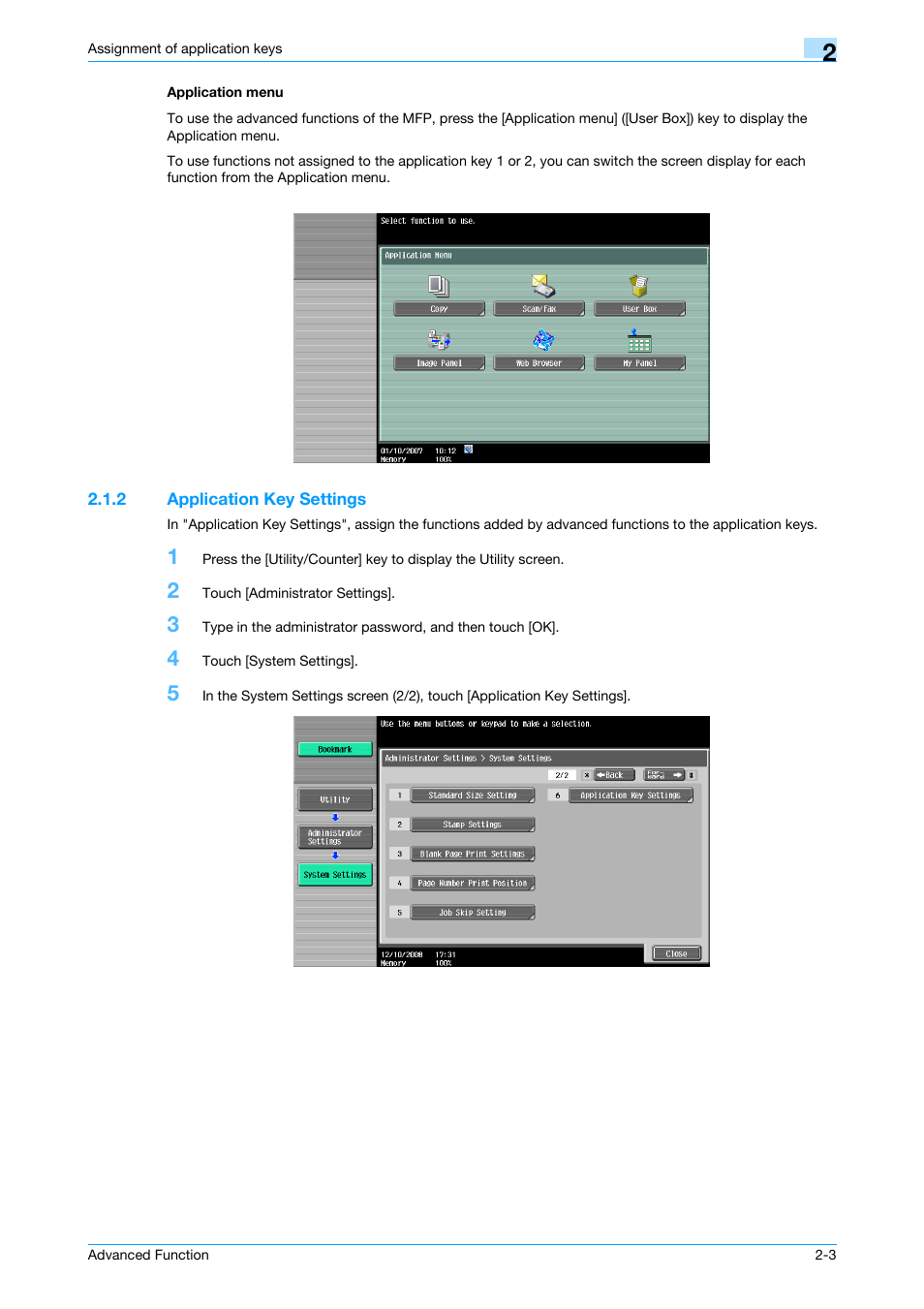 Application menu, 2 application key settings, Application menu -3 | Application key settings -3, Application key settings" on | Konica Minolta bizhub 361 User Manual | Page 13 / 84