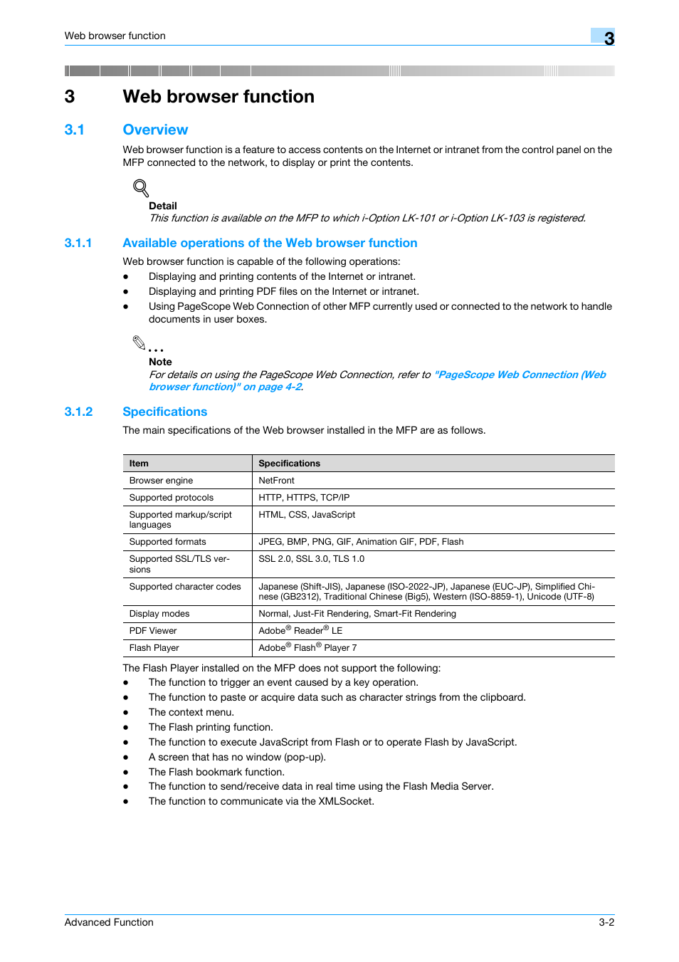 3 web browser function, 1 overview, 1 available operations of the web browser function | 2 specifications, Web browser function, Overview -2, Specifications -2, Chapter 3 web browser function, 3web browser function | Konica Minolta bizhub 361 User Manual | Page 16 / 84