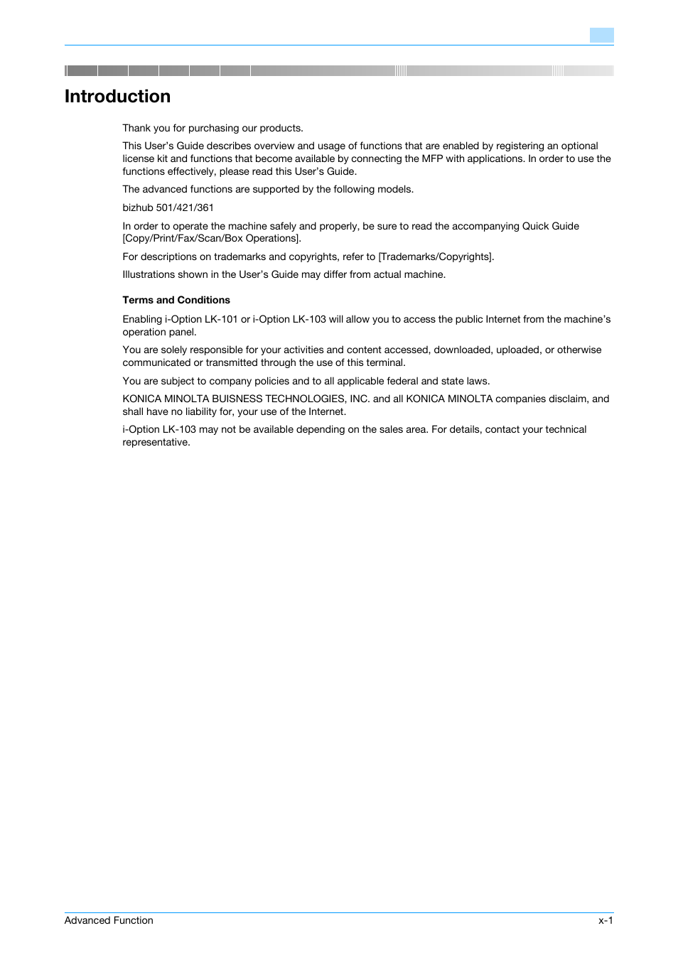 Introduction, Terms and conditions | Konica Minolta bizhub 361 User Manual | Page 2 / 84