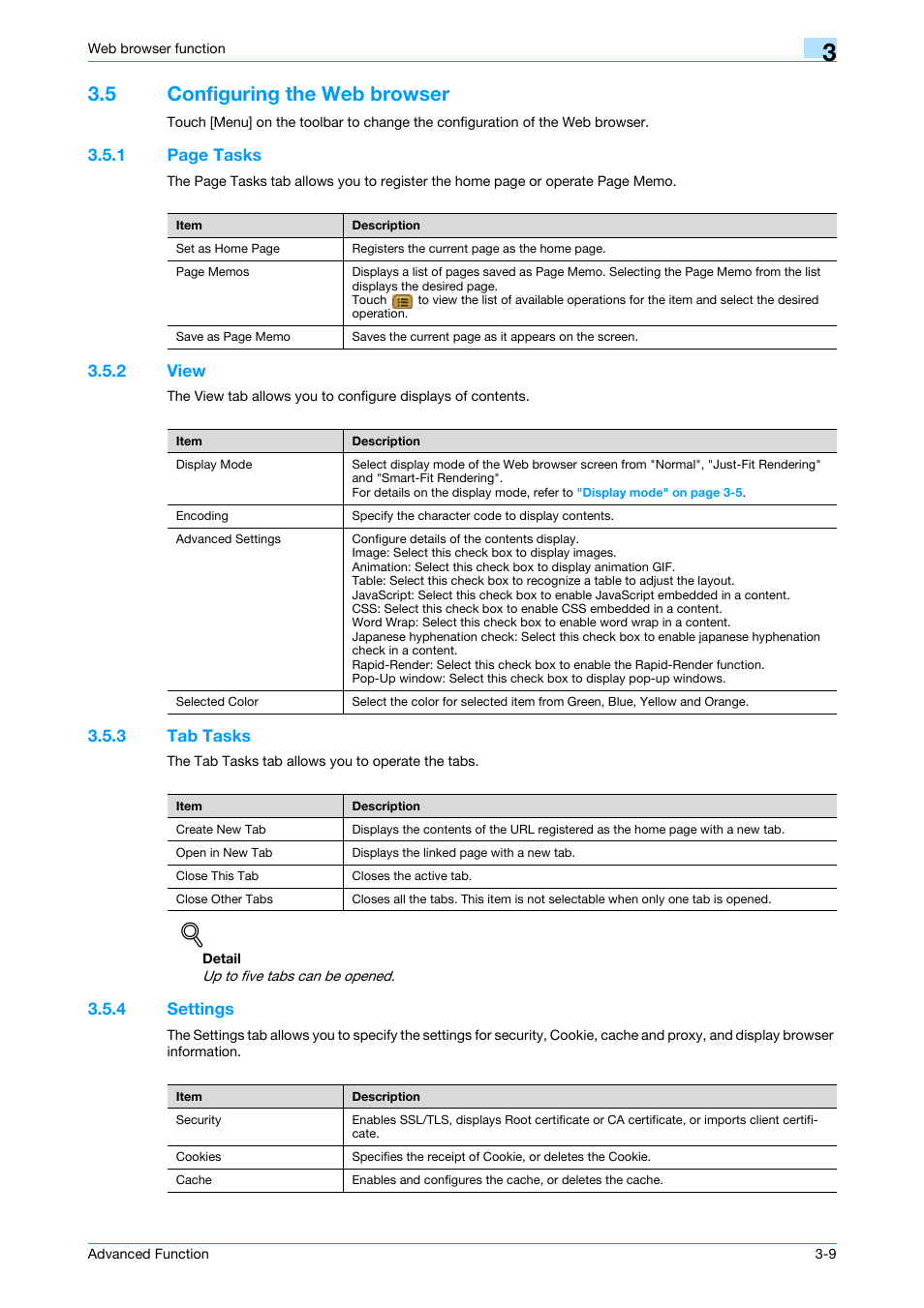 5 configuring the web browser, 2 view, 3 tab tasks | 4 settings, Configuring the web browser -9, View -9, Tab tasks -9, Settings -9 | Konica Minolta bizhub 361 User Manual | Page 23 / 84