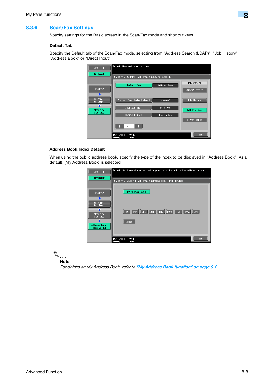 6 scan/fax settings, Default tab, Address book index default | Konica Minolta bizhub 361 User Manual | Page 68 / 84