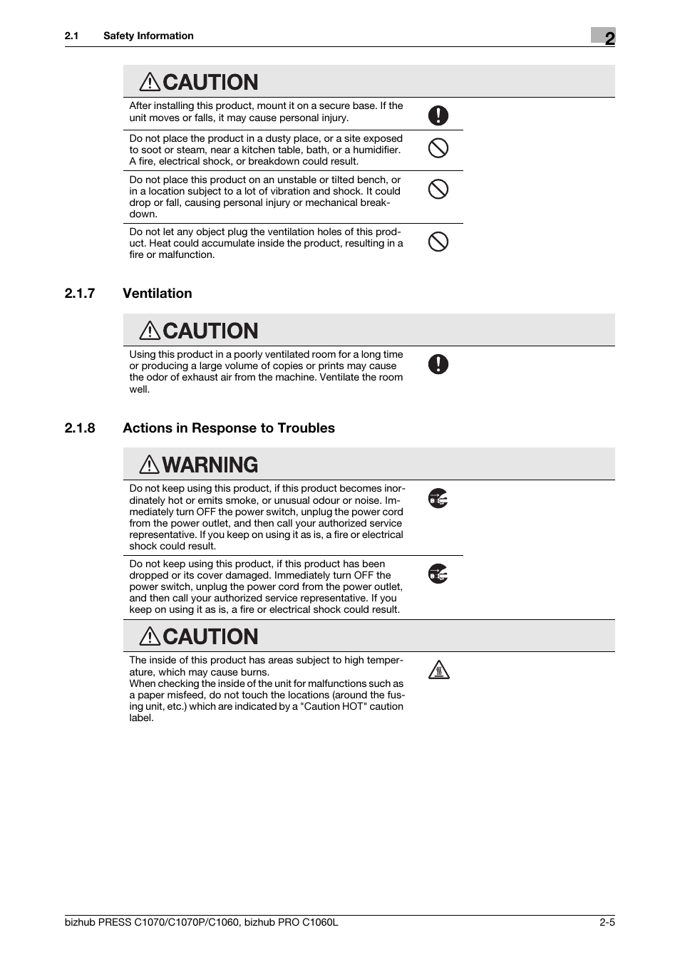 7 ventilation, 8 actions in response to troubles, Ventilation -5 | Actions in response to troubles -5 | Konica Minolta bizhub PRESS C1070 User Manual | Page 13 / 60