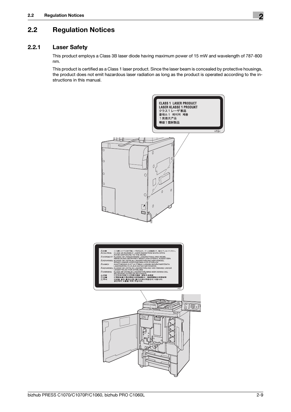 2 regulation notices, 1 laser safety, Regulation notices -9 | Laser safety -9 | Konica Minolta bizhub PRESS C1070 User Manual | Page 17 / 60