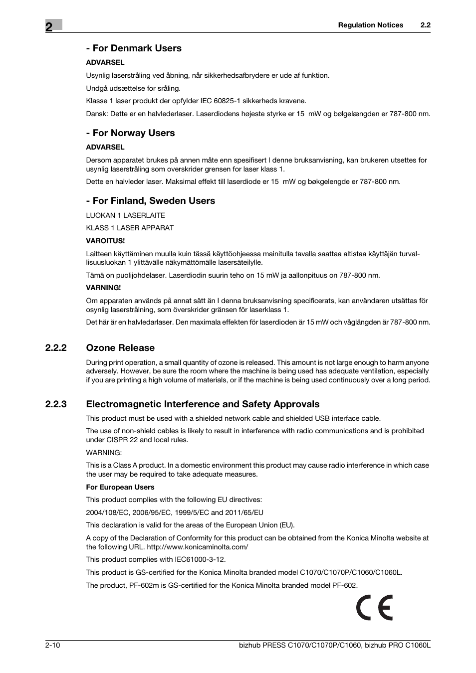 2 ozone release, Ozone release -10, For denmark users | For norway users, For finland, sweden users | Konica Minolta bizhub PRESS C1070 User Manual | Page 18 / 60