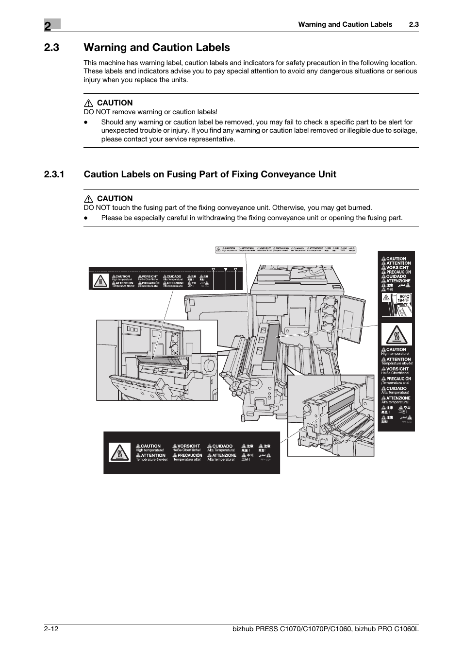 3 warning and caution labels, Warning and caution labels -12 | Konica Minolta bizhub PRESS C1070 User Manual | Page 20 / 60