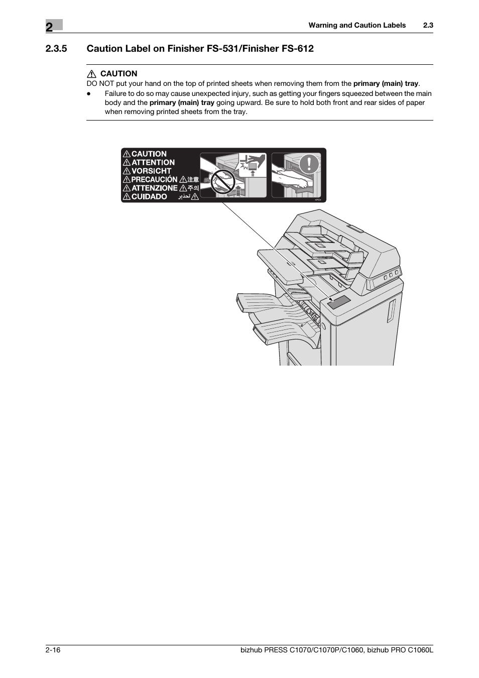 5 caution label on finisher fs-531/finisher fs-612 | Konica Minolta bizhub PRESS C1070 User Manual | Page 24 / 60