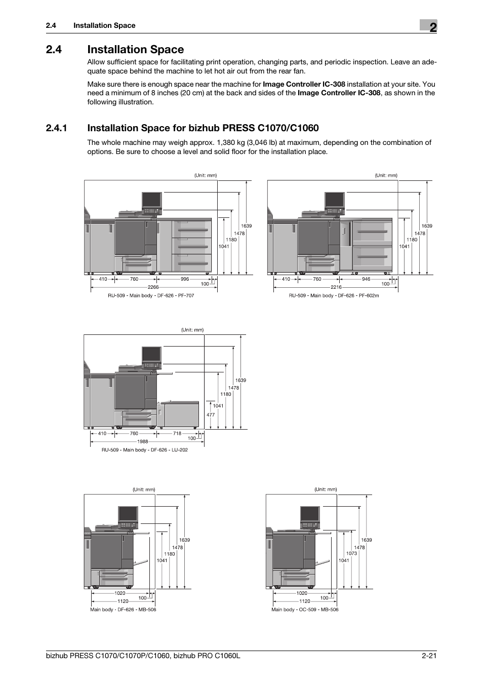 4 installation space, 1 installation space for bizhub press c1070/c1060, Installation space -21 | Konica Minolta bizhub PRESS C1070 User Manual | Page 29 / 60