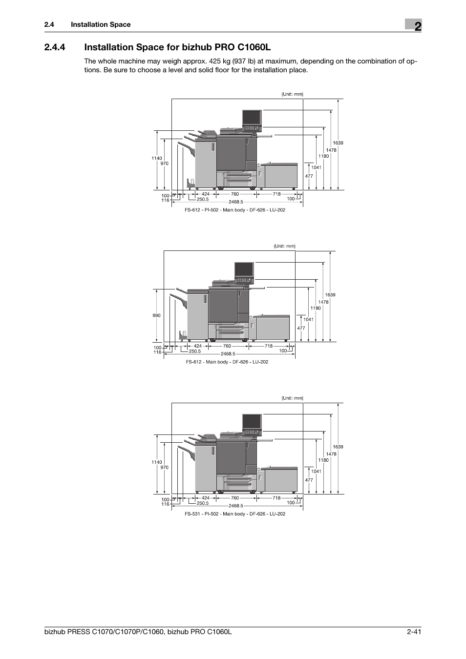 4 installation space for bizhub pro c1060l, Installation space for bizhub pro c1060l -41 | Konica Minolta bizhub PRESS C1070 User Manual | Page 49 / 60