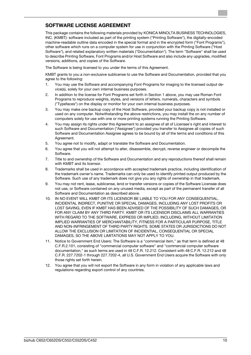 Software license agreement | Konica Minolta BIZHUB C652DS User Manual | Page 11 / 18