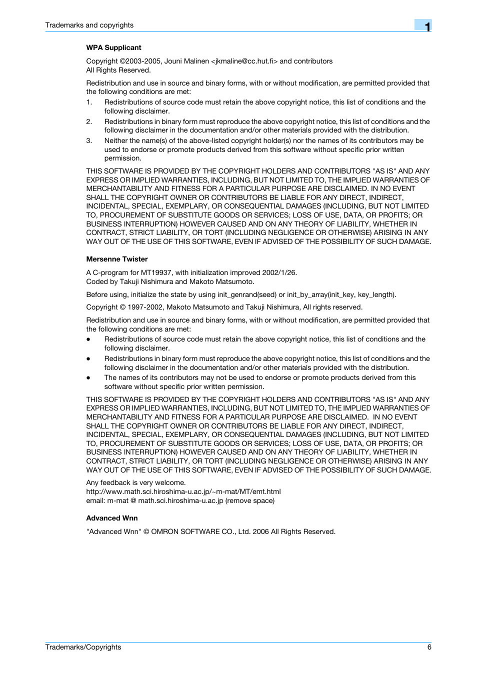Wpa supplicant, Mersenne twister, Advanced wnn | Konica Minolta bizhub 751 User Manual | Page 7 / 10