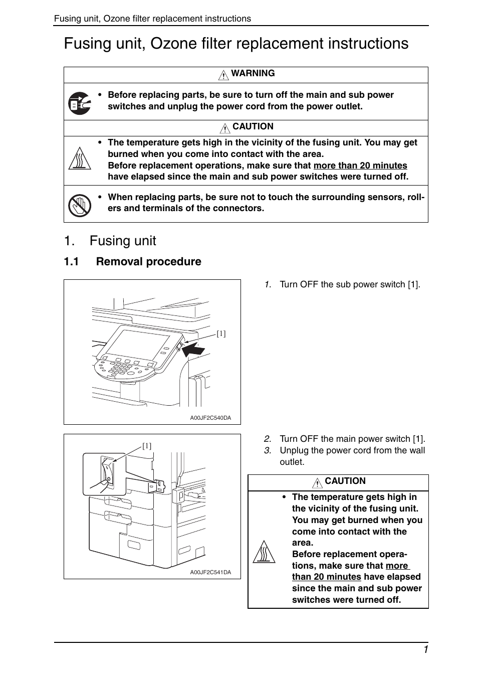 Fusing unit, ozone filter replacement instructions, Fusing unit, 1 removal procedure | Konica Minolta bizhub C650 User Manual | Page 18 / 37
