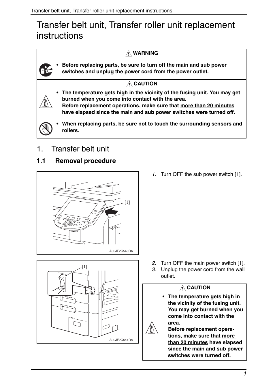 Transfer belt unit, 1 removal procedure | Konica Minolta bizhub C650 User Manual | Page 25 / 37