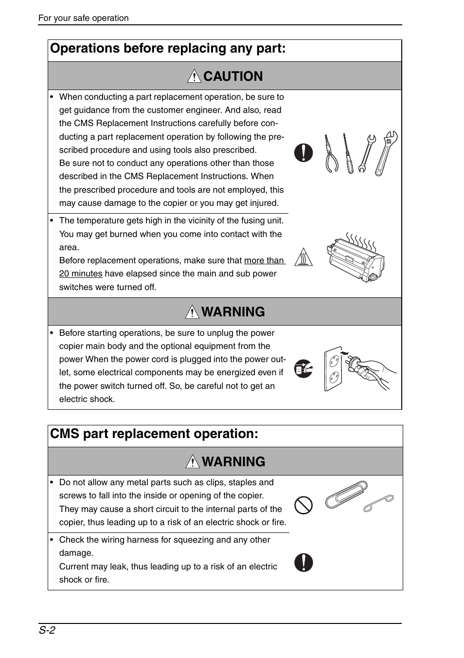 Operations before replacing any part: caution, Warning, Cms part replacement operation: warning | Konica Minolta bizhub C650 User Manual | Page 5 / 37