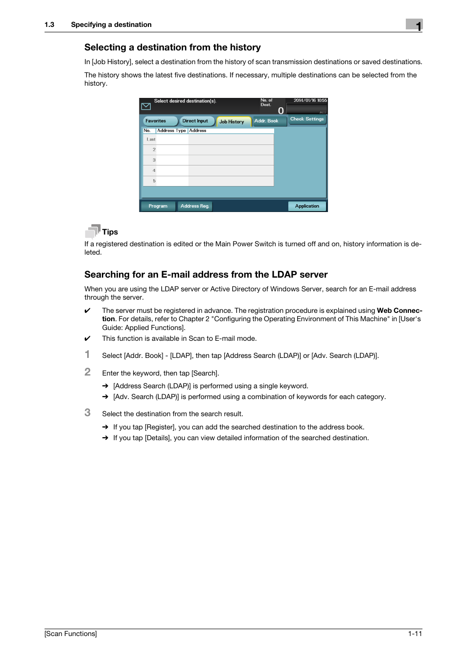 Selecting a destination from the history | Konica Minolta bizhub 4750 User Manual | Page 16 / 102