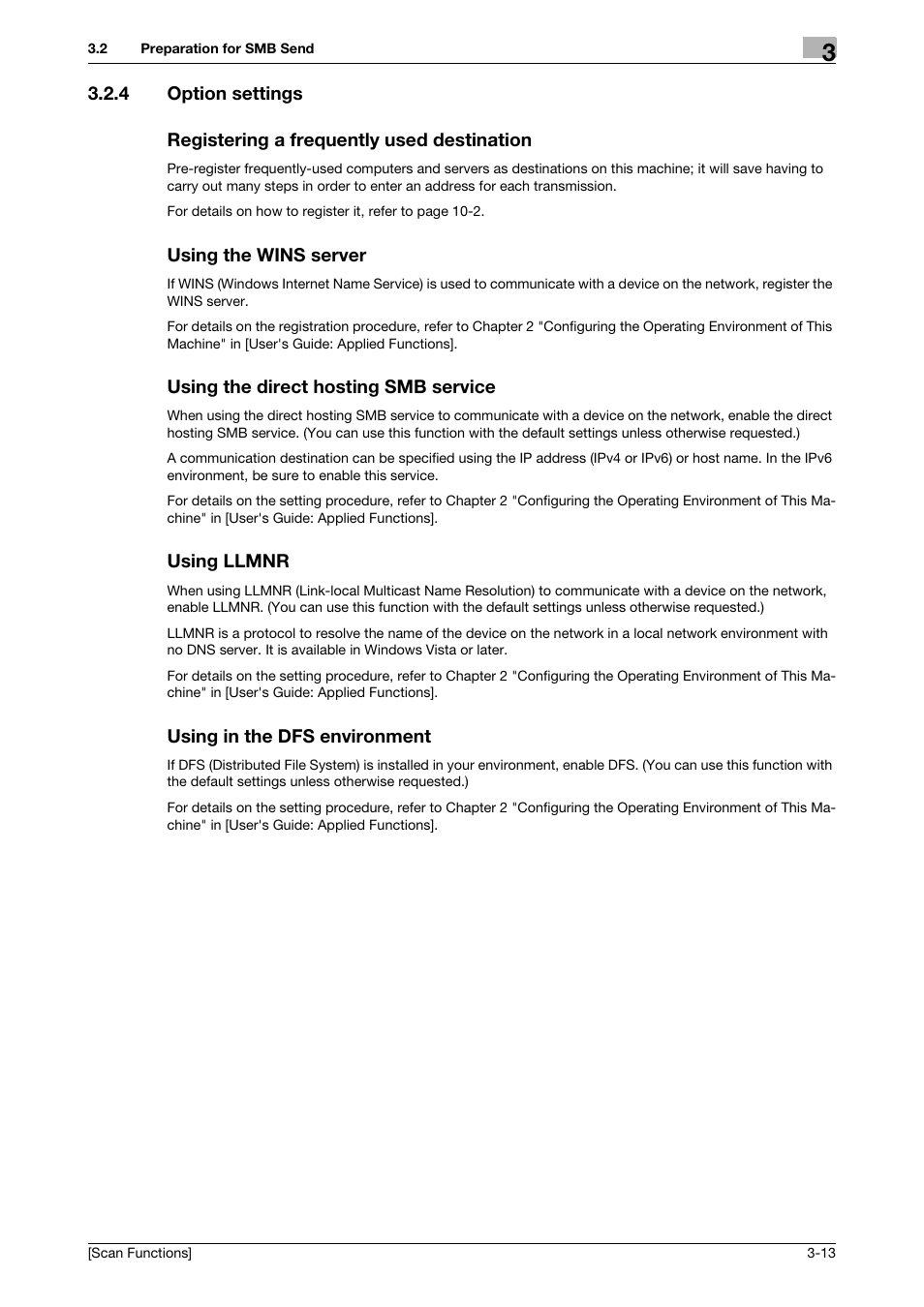 4 option settings, Registering a frequently used destination, Using the wins server | Using the direct hosting smb service, Using llmnr, Using in the dfs environment | Konica Minolta bizhub 4750 User Manual | Page 44 / 102