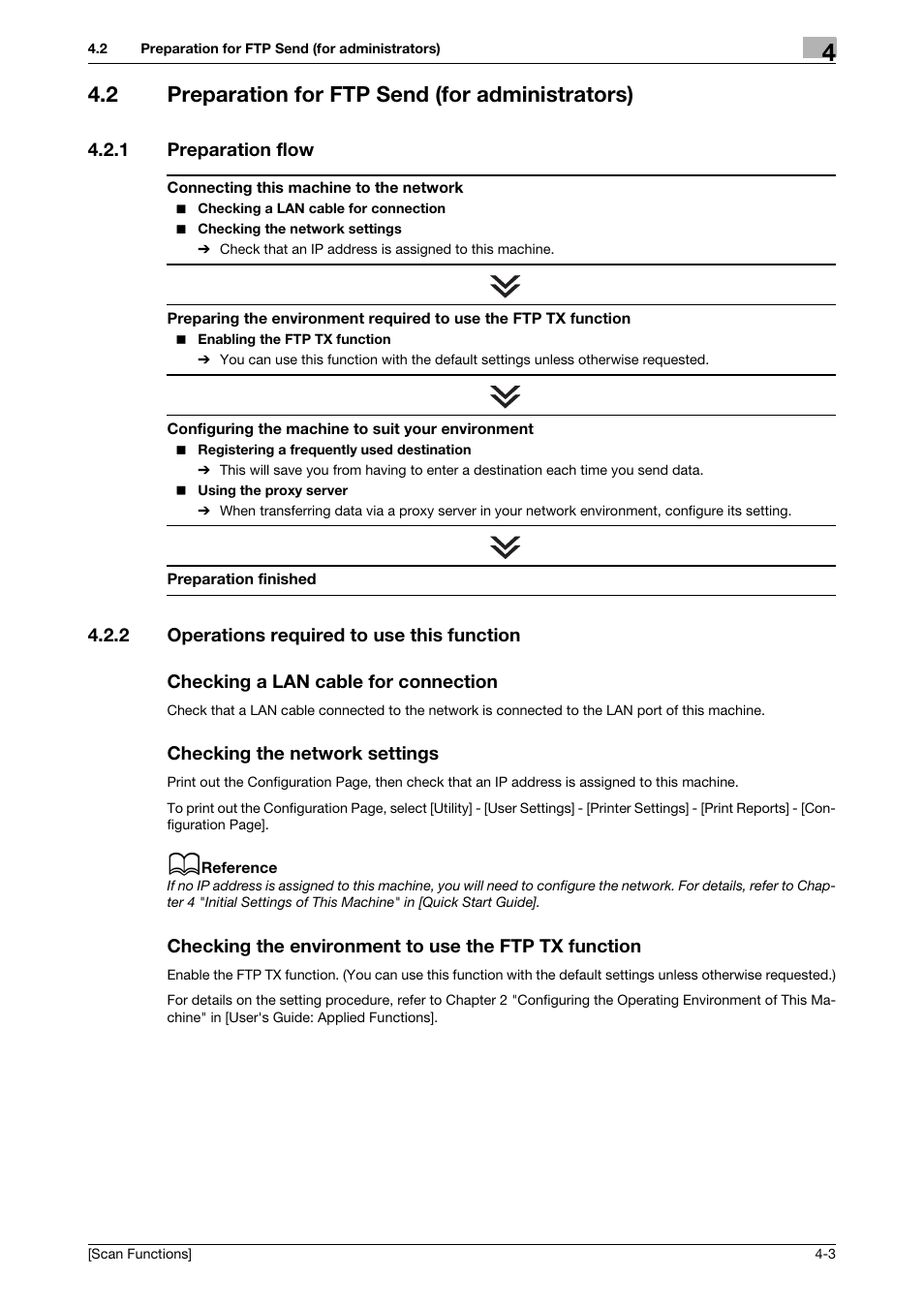 2 preparation for ftp send (for administrators), 1 preparation flow, 2 operations required to use this function | Checking a lan cable for connection, Checking the network settings, Preparation for ftp send (for administrators) -3, Preparation flow -3 | Konica Minolta bizhub 4750 User Manual | Page 51 / 102