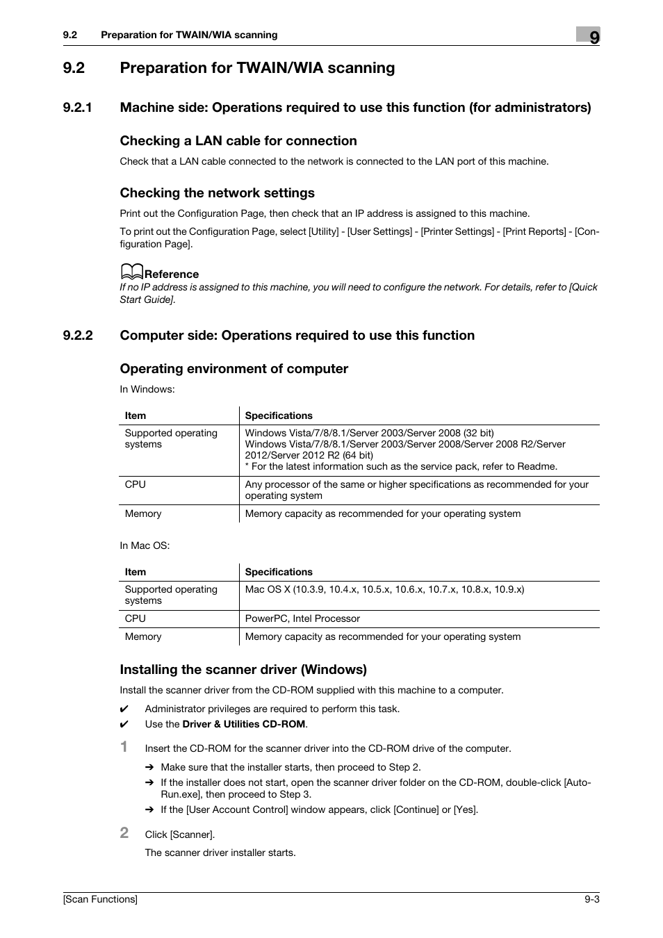 2 preparation for twain/wia scanning, Checking a lan cable for connection, Checking the network settings | Operating environment of computer, Installing the scanner driver (windows), Preparation for twain/wia scanning -3, Checking the network settings -3 | Konica Minolta bizhub 4750 User Manual | Page 87 / 102