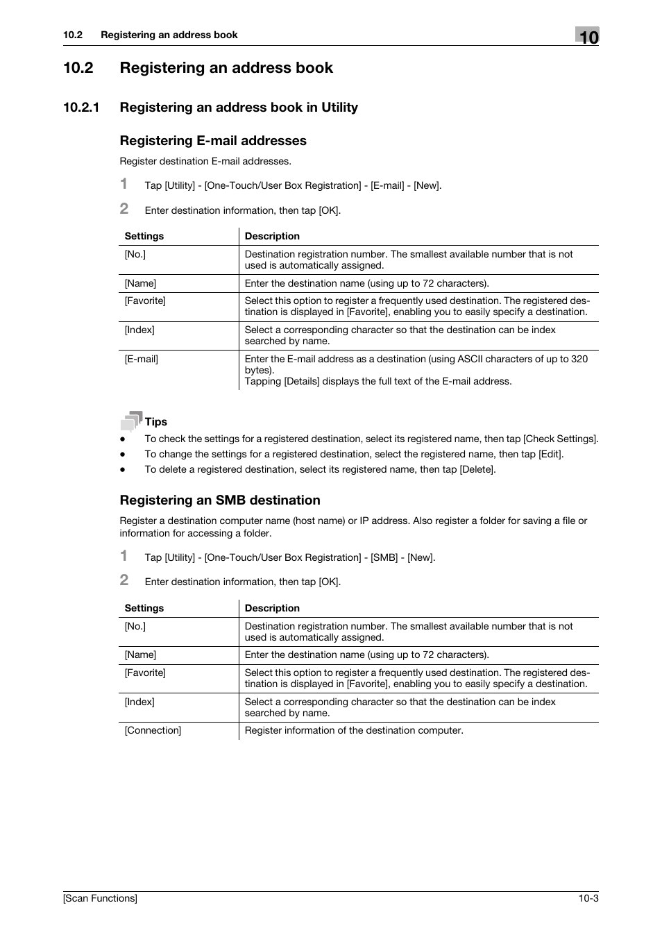 2 registering an address book, 1 registering an address book in utility, Registering e-mail addresses | Registering an smb destination, Registering an address book -3 | Konica Minolta bizhub 4750 User Manual | Page 95 / 102